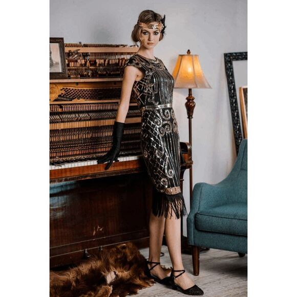✨ Flapper Great Gatsby Roaring 1920s Retro Tassel Fringe Sequin Dress SIZE L NEW - Picture 10 of 17